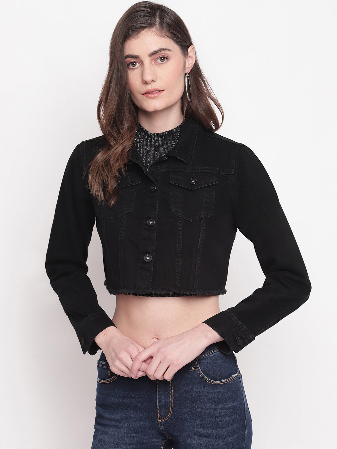 Women Cropped Black Denim Jacket With Frey Hem