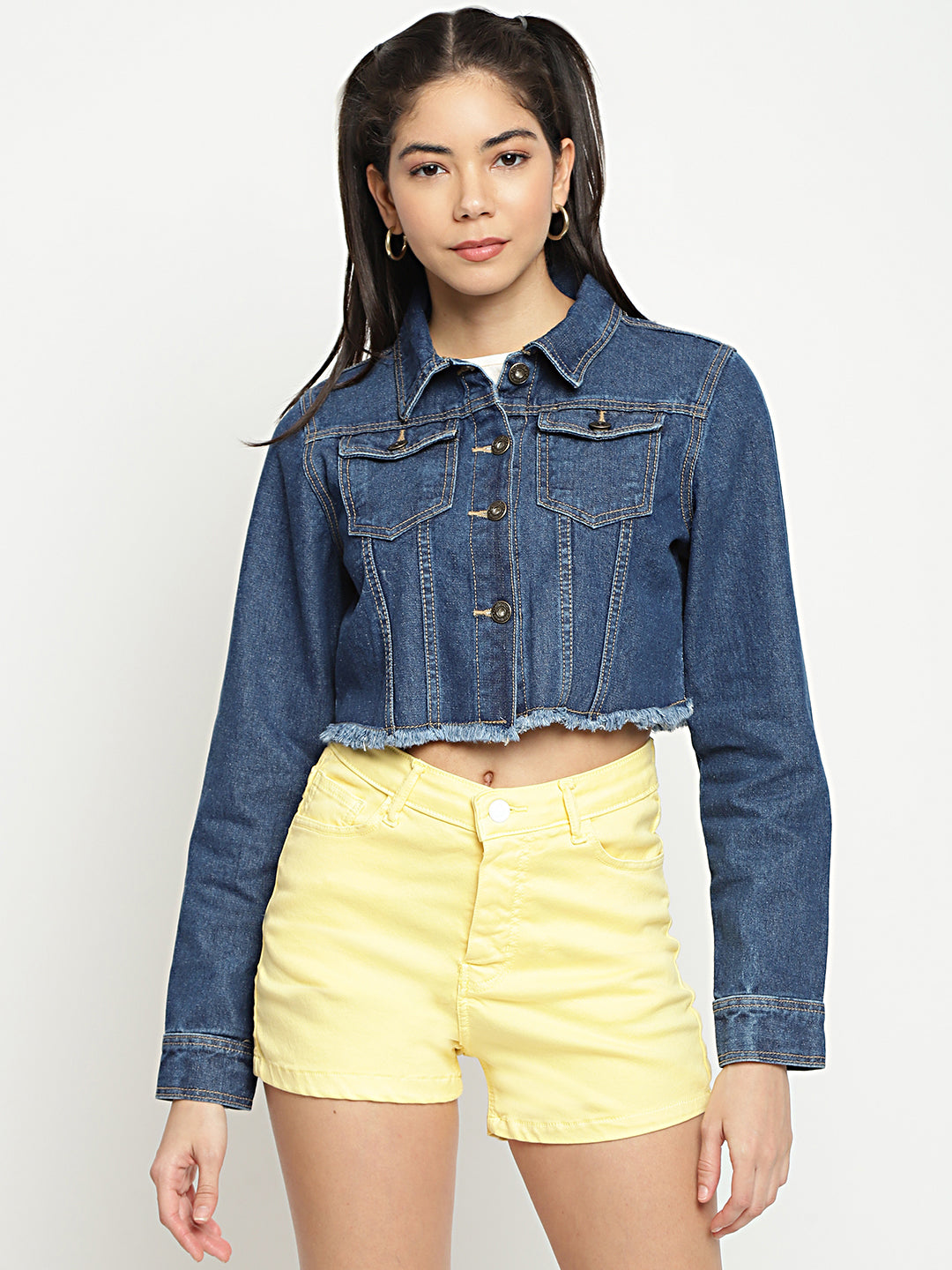 Women Mid Blue Cropped Denim Jacket With Frey Hem