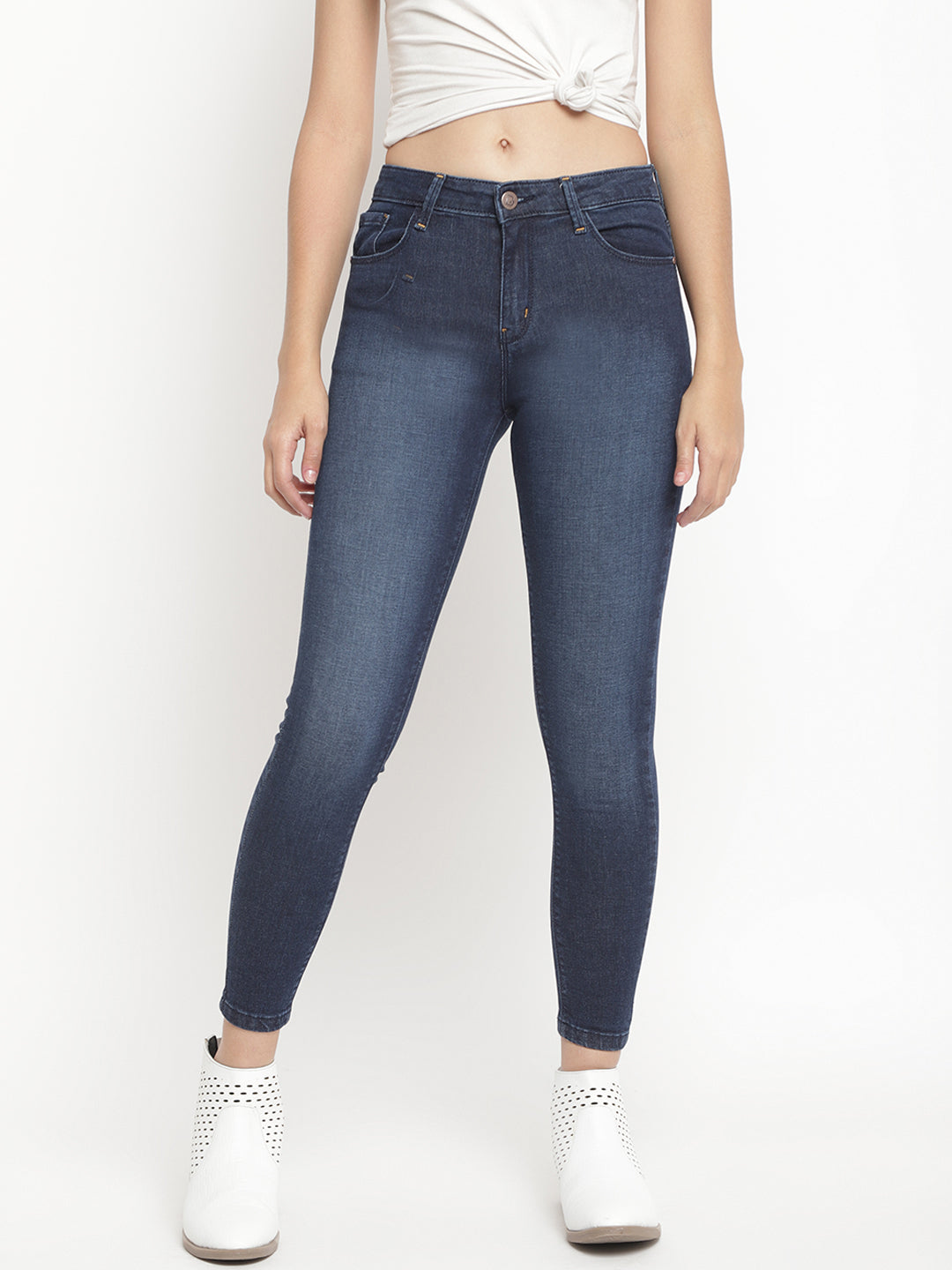 Women Mid Waist Dark Blue Super Skinny Jeans