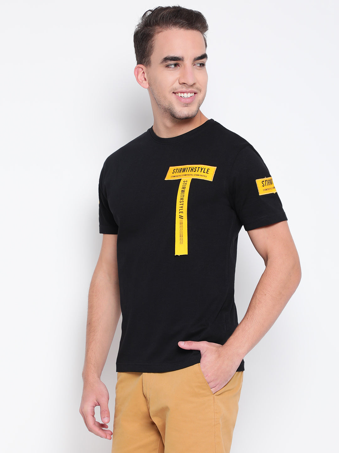 Men Black Tape Detail T-shirt