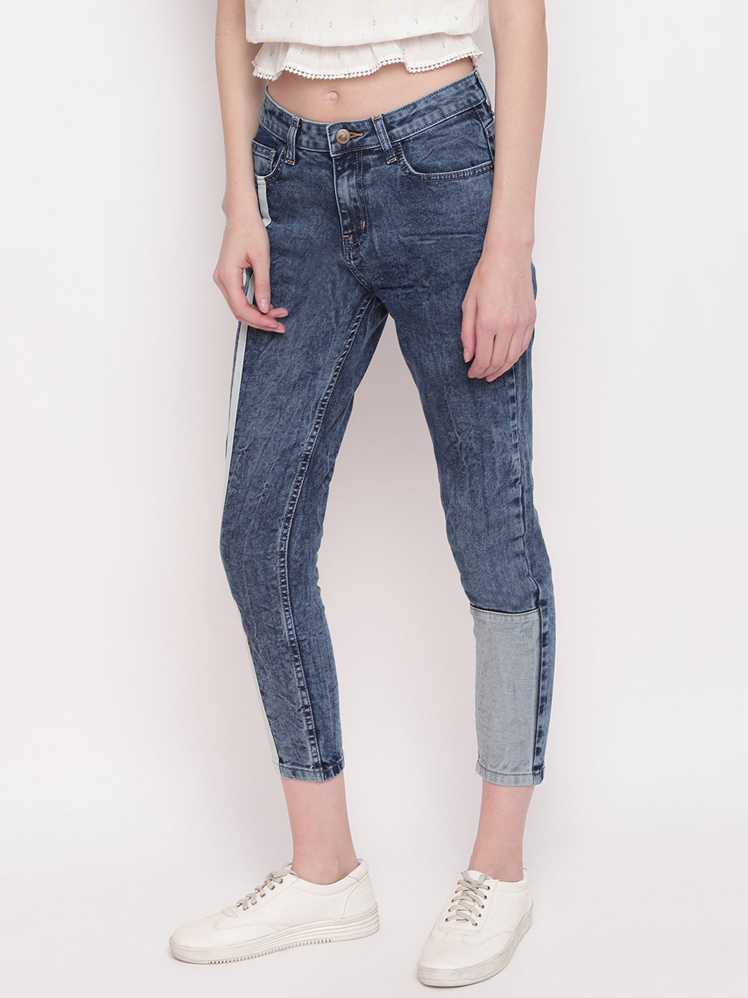 Women Asymmetrical Denim Slim Fit Side Tape Details Jeans