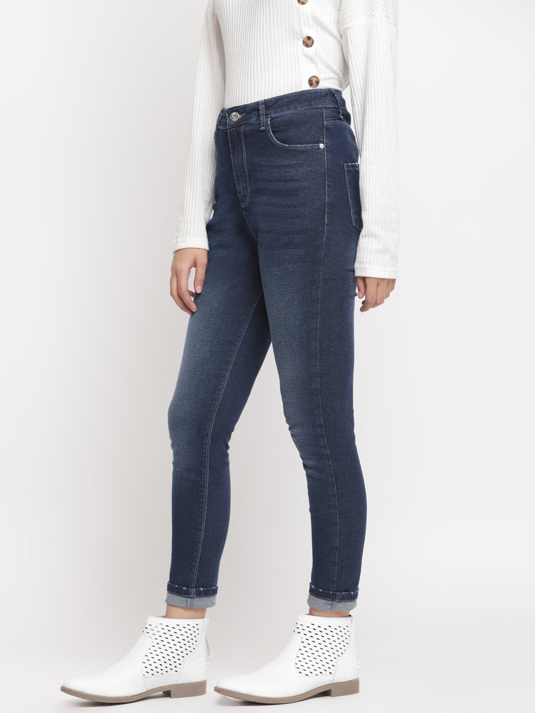 Women High Waist Dark Blue Whisker Slim Fit Denim Jeans