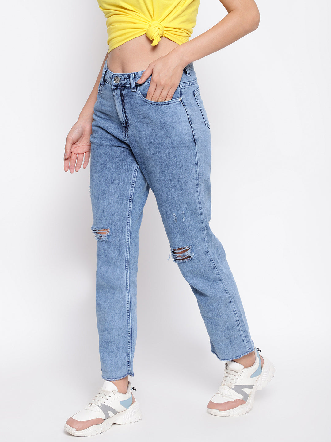 Blue Distressed Straight Jeans