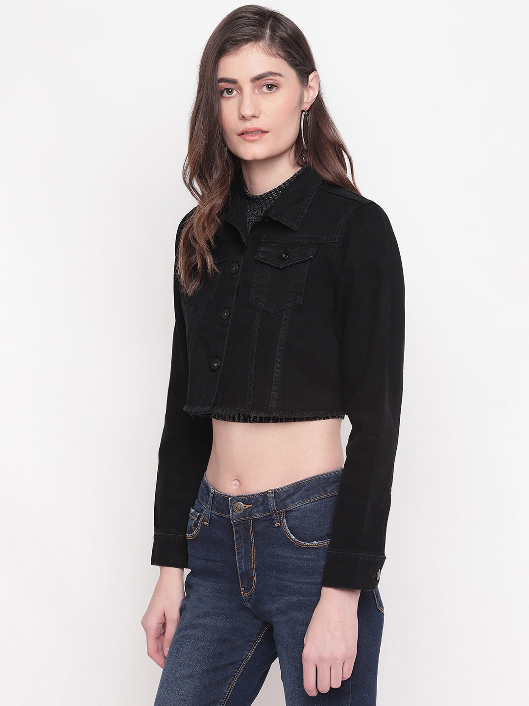 Women Cropped Black Denim Jacket With Frey Hem