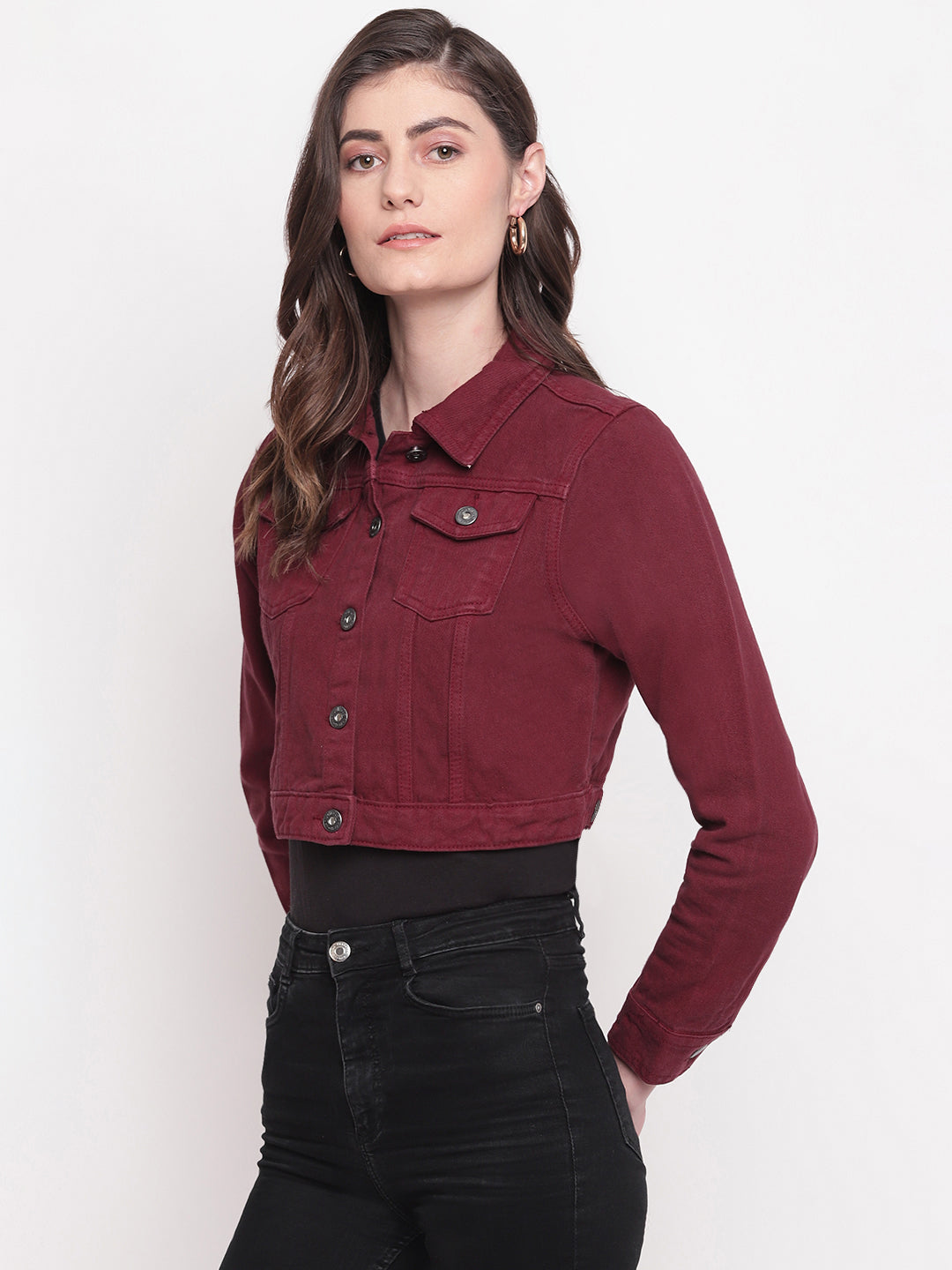 Women Maroon Cropped Denim Jacket