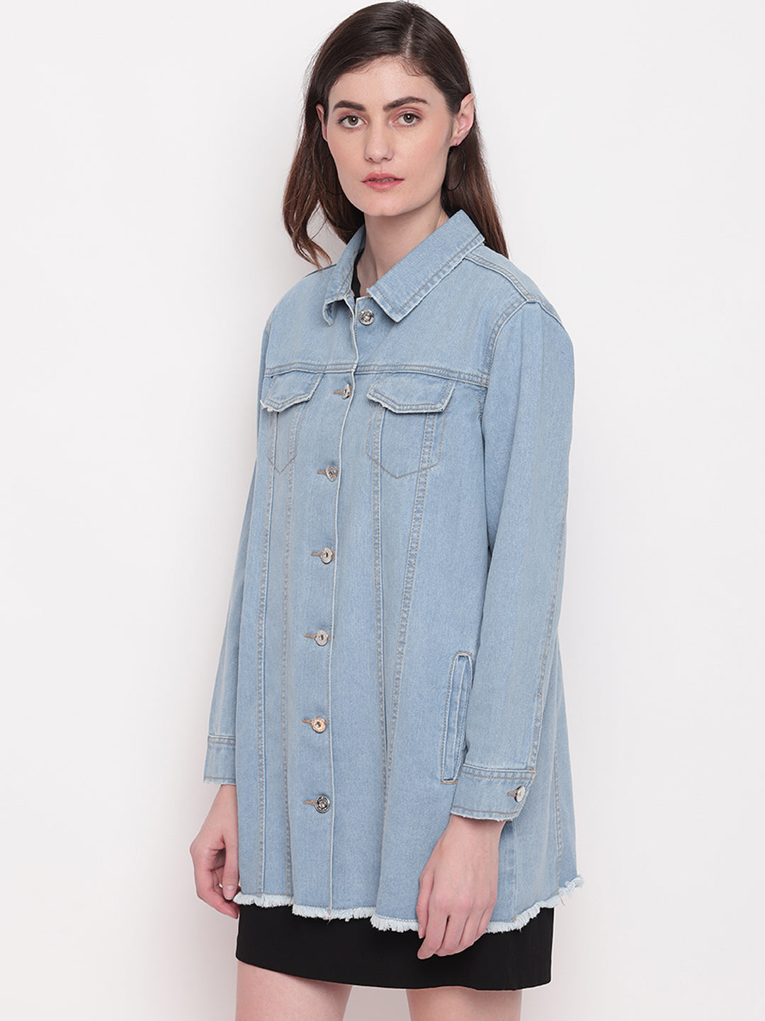 Women Light Blue Long Denim Jacket