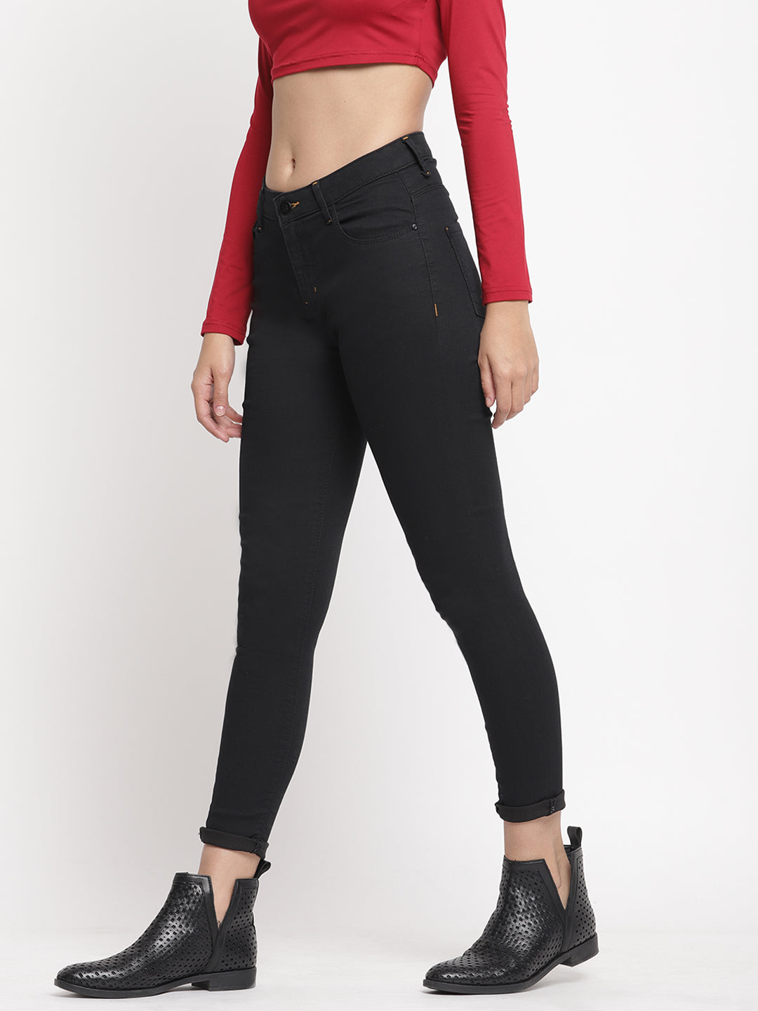 Women Mid Waist Black Super Skinny Jeans