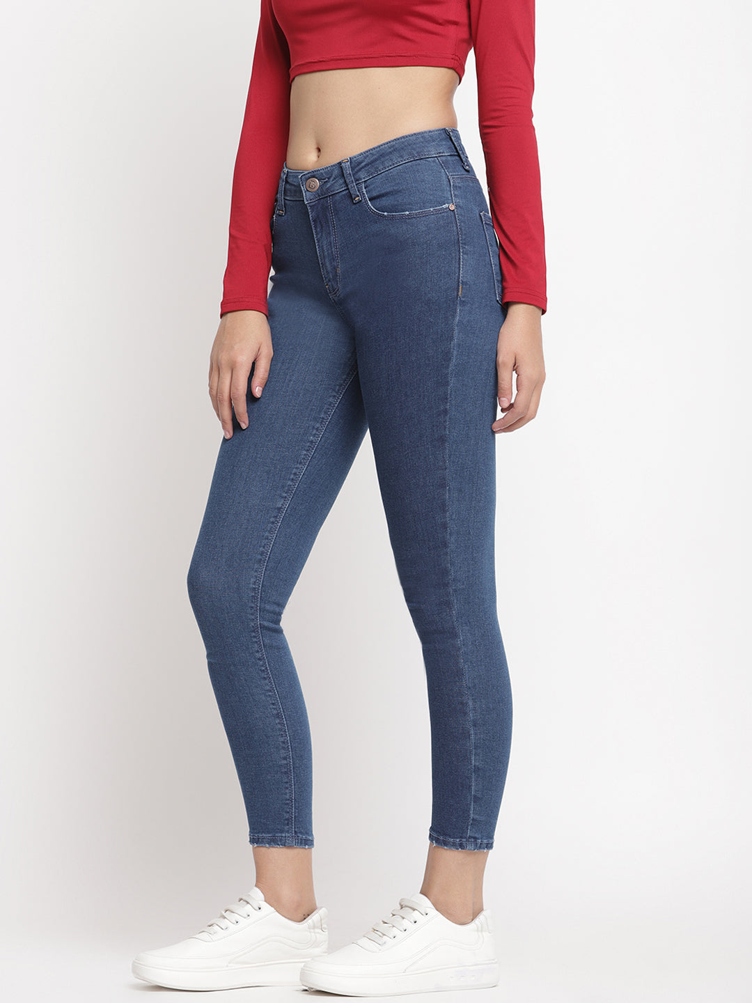 Women Mid Waist Mid Blue Super Skinny Jeans