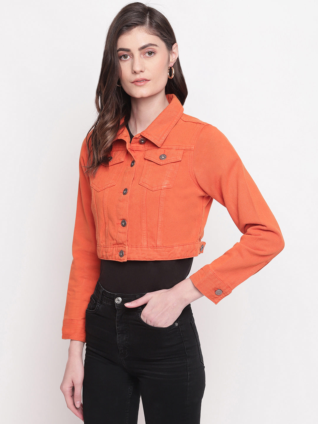 Women Orange Cropped Denim Jacket