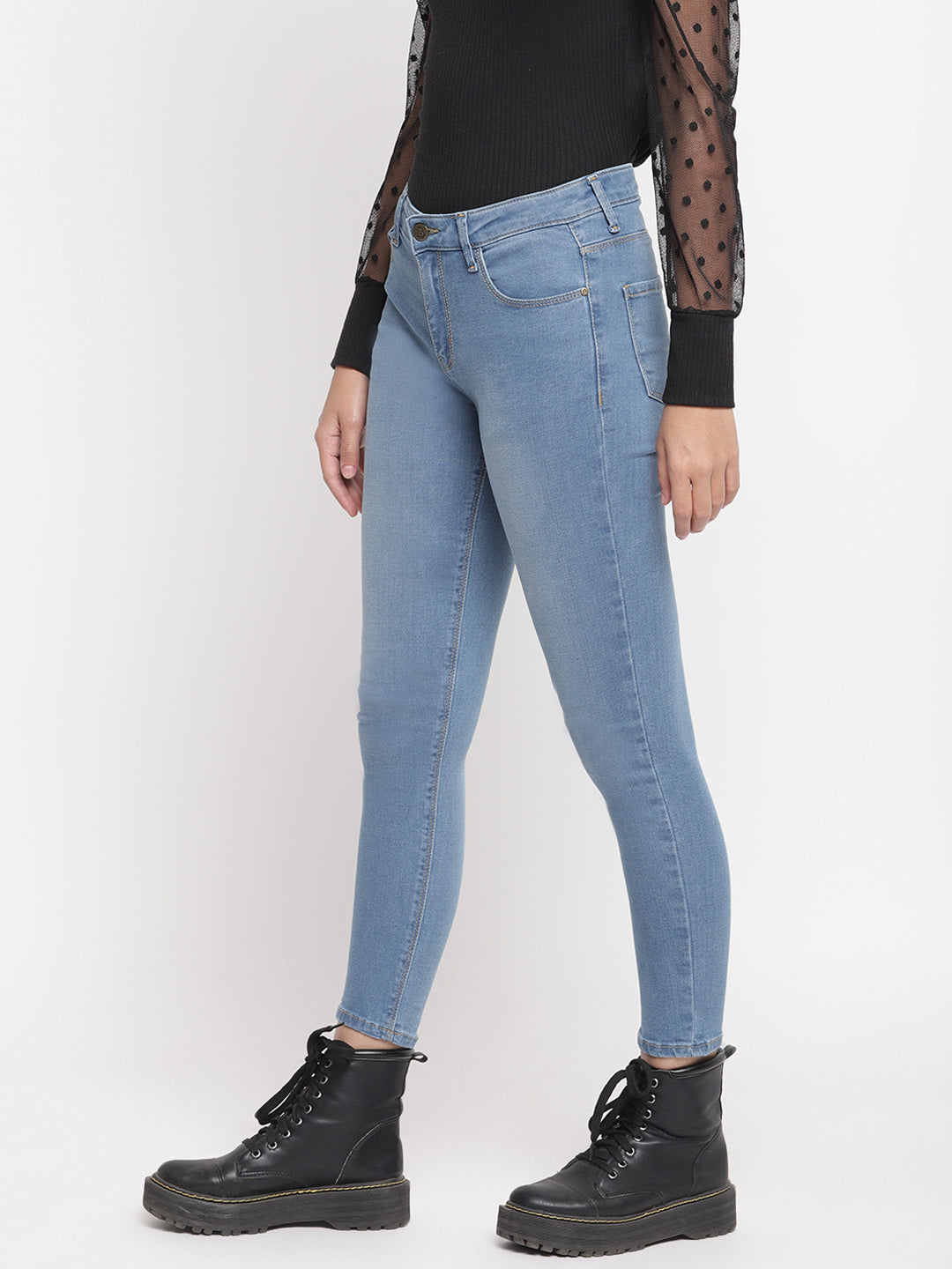 Women Mid Waist Light Blue Super Skinny Jeans