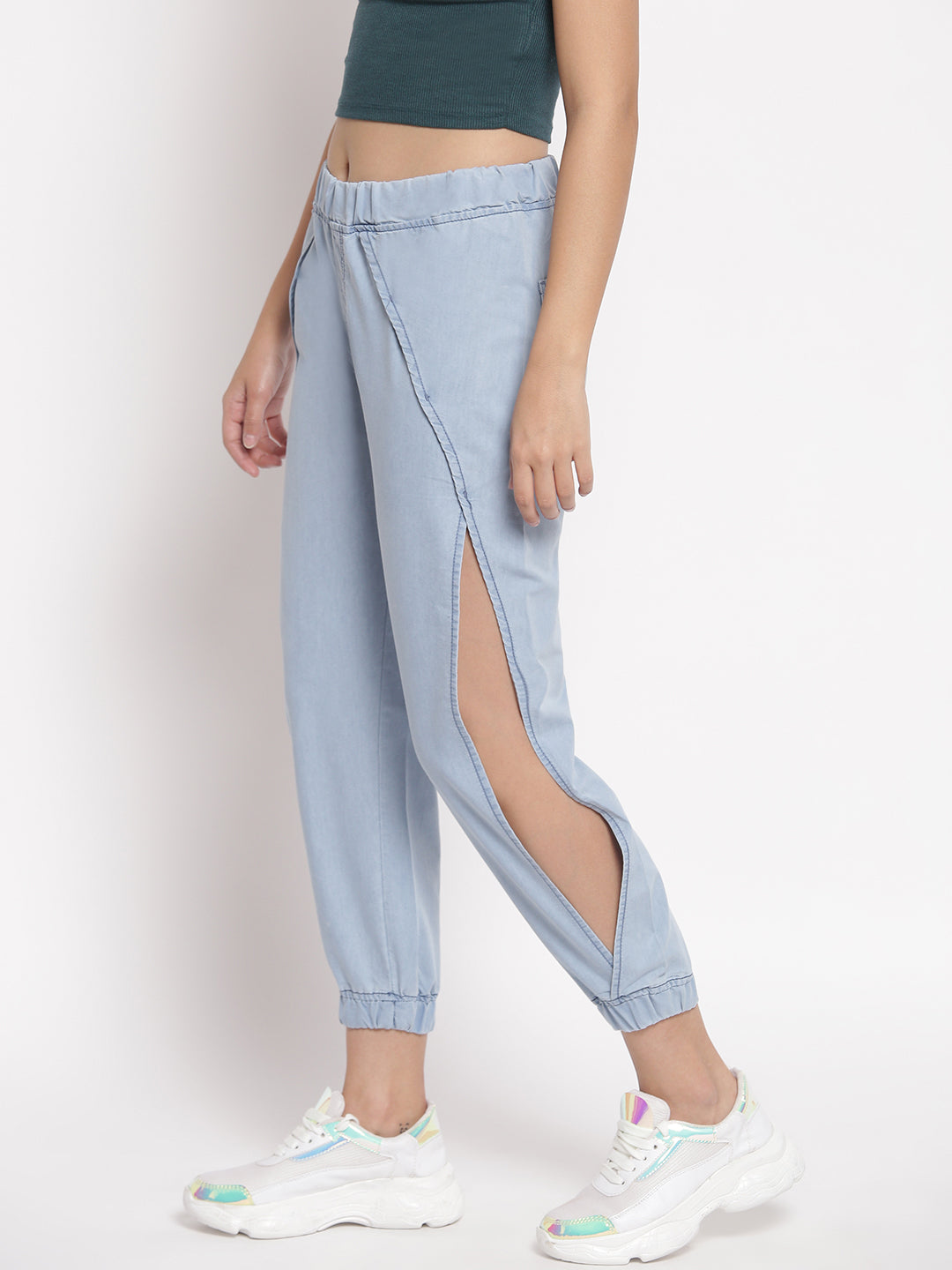 Blue Side Slit Denim Joggers