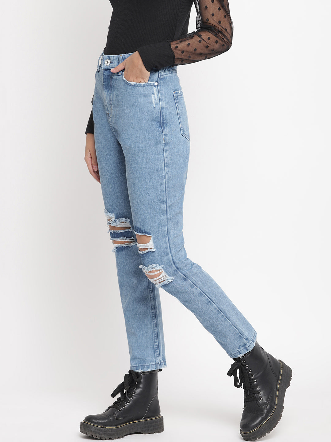 Women Mid Blue Distressed Boyfriend Fit Denim Jeans