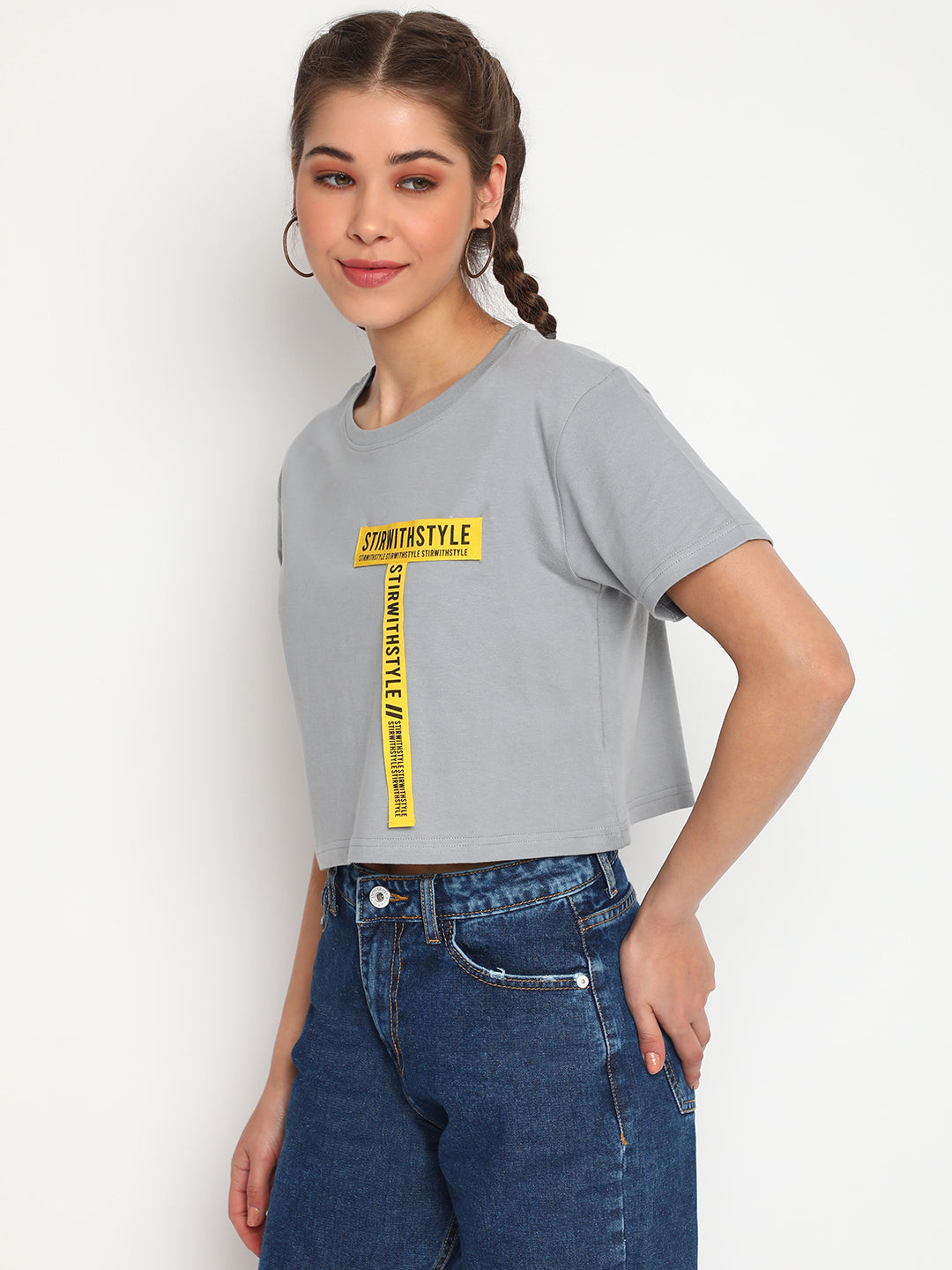 Women Grey Tape Detail Crop Top