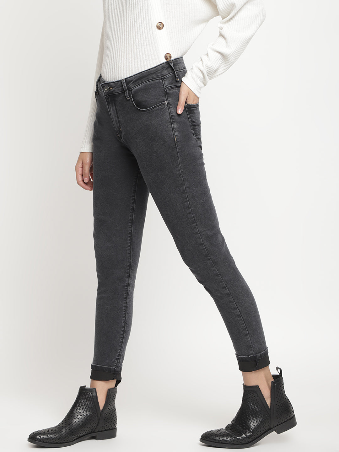 Women Mid Waist Black Slim Fit Denim Jeans