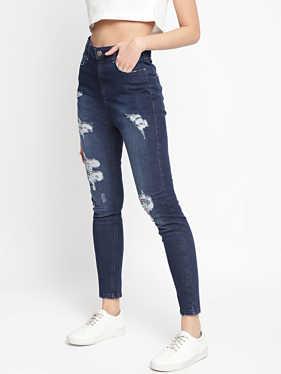 Women High Waist Dark Blue Distressed Slim Fit Denim Jeans