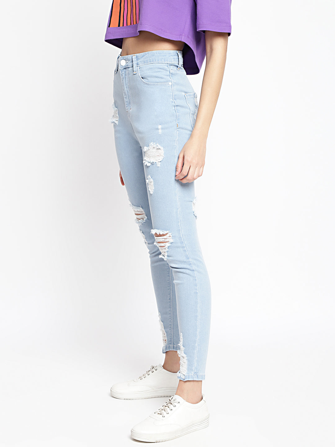 Women High Waist Light Blue Distressed Slim Fit Denim Jeans