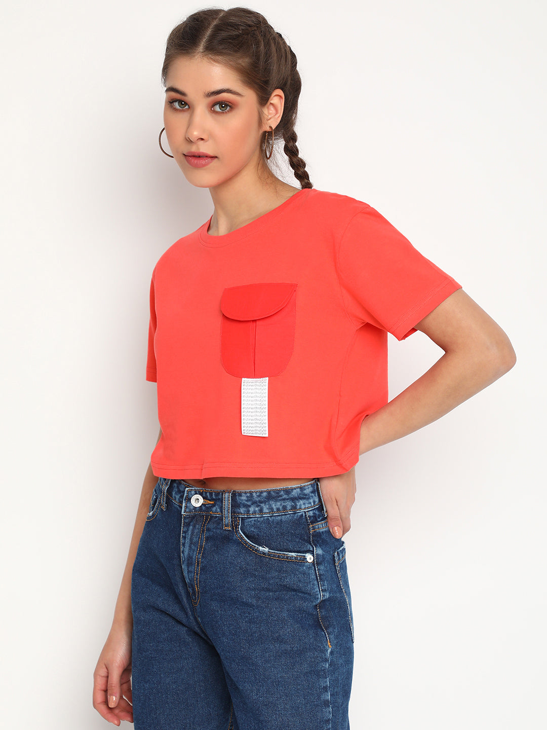 Women Peach Round Pocket Crop Top