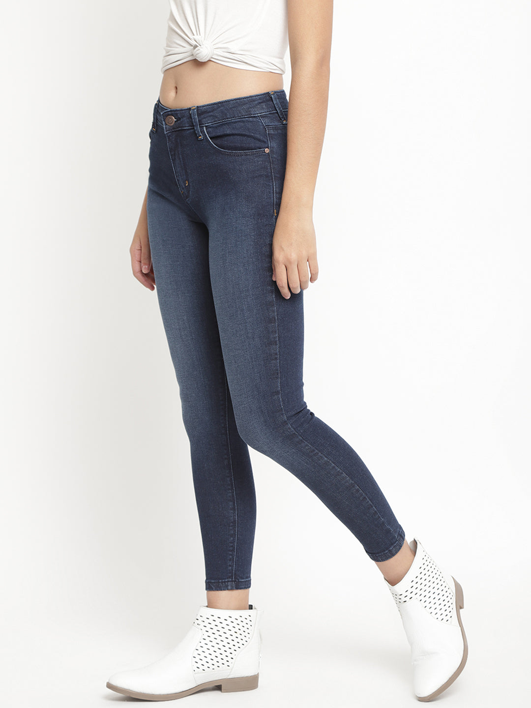 Women Mid Waist Dark Blue Super Skinny Jeans