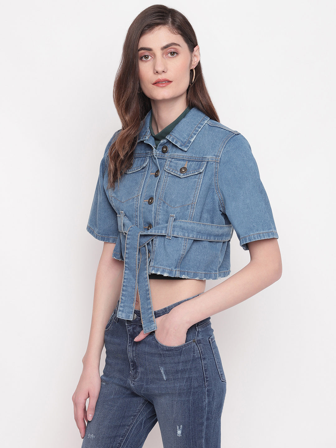 Women Light Blue Cropped Denim Jacket With Belt