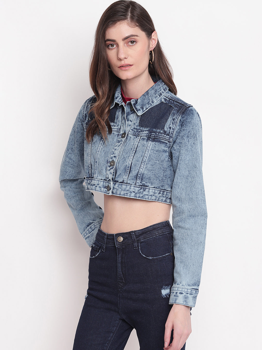 Women Mid Blue Cropped Patched Denim Jacket