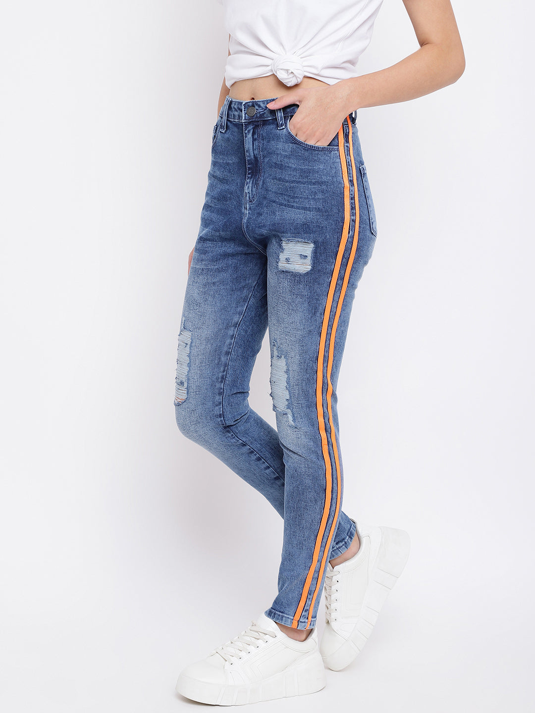 Distressed Side Tape Skinny Jeans