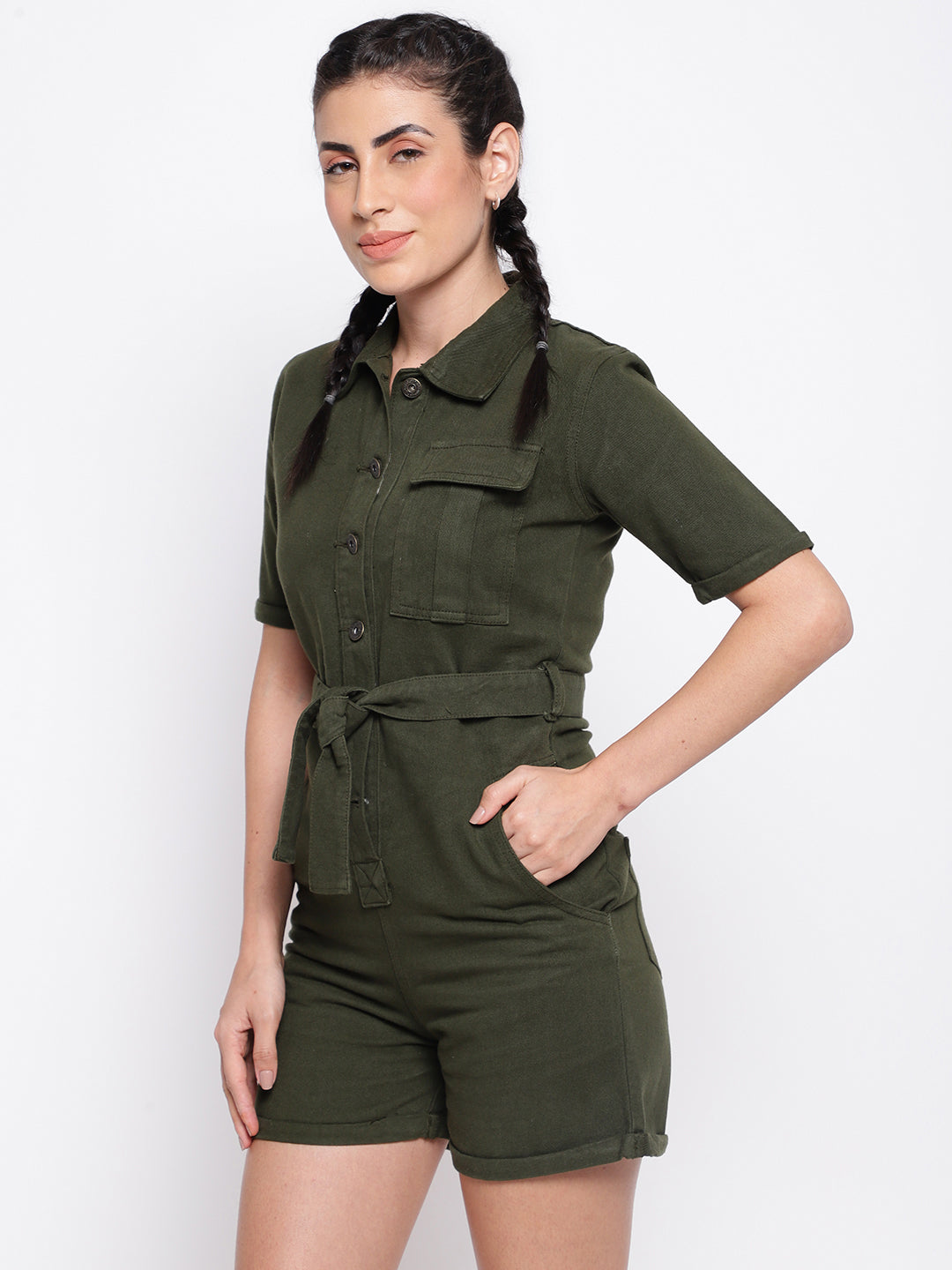 Olive Solid Denim Dungaree