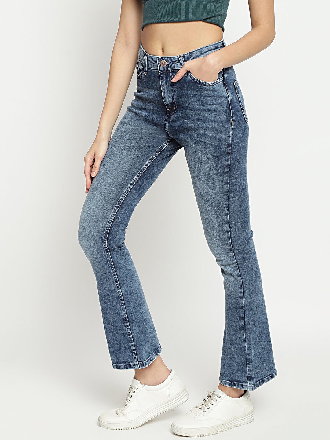 Women High Waist Mid Blue Boot-Cut Fit Denim Jeans