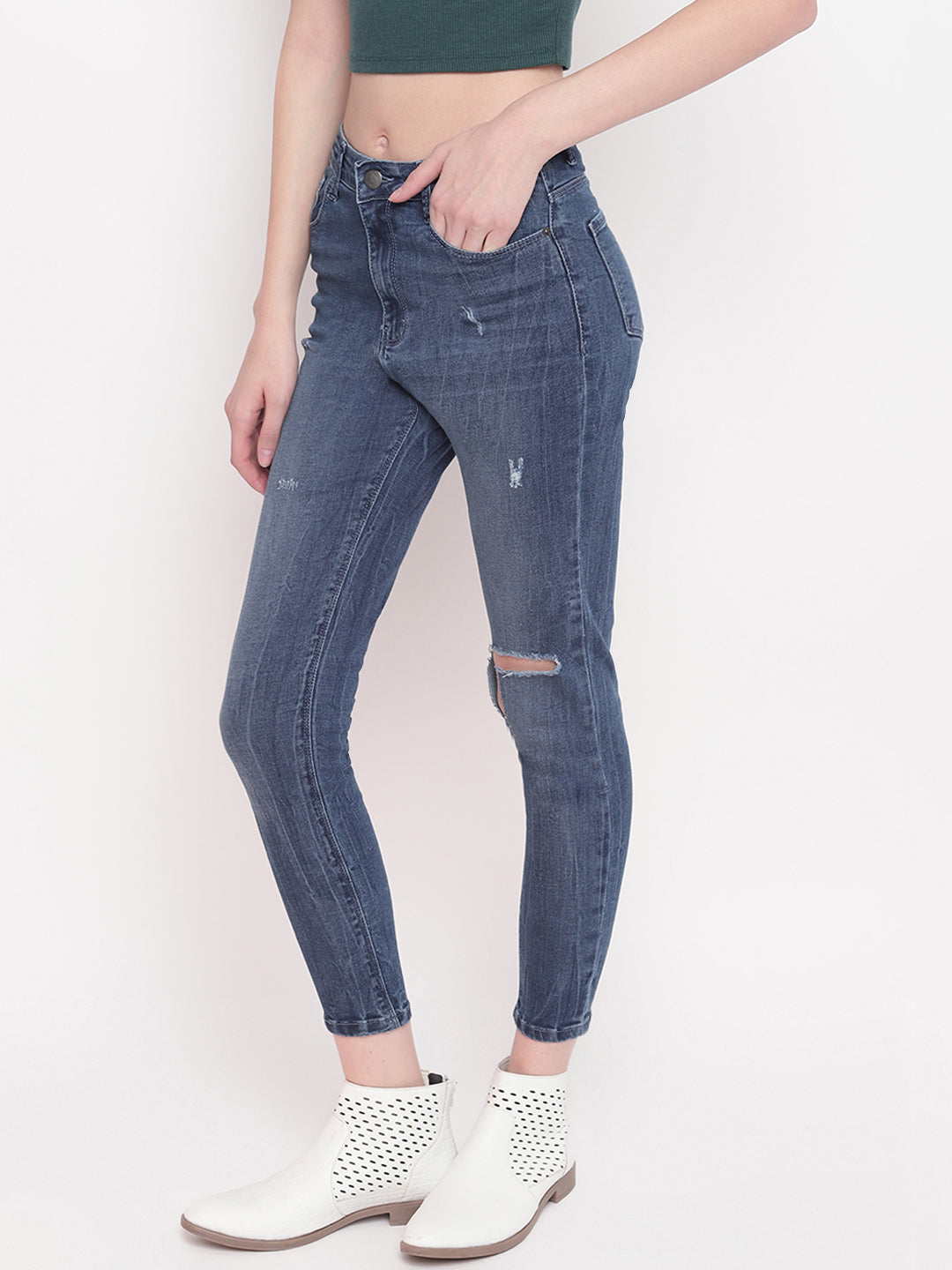 Women Mid Blue Whisker High waist Skinny Jeans