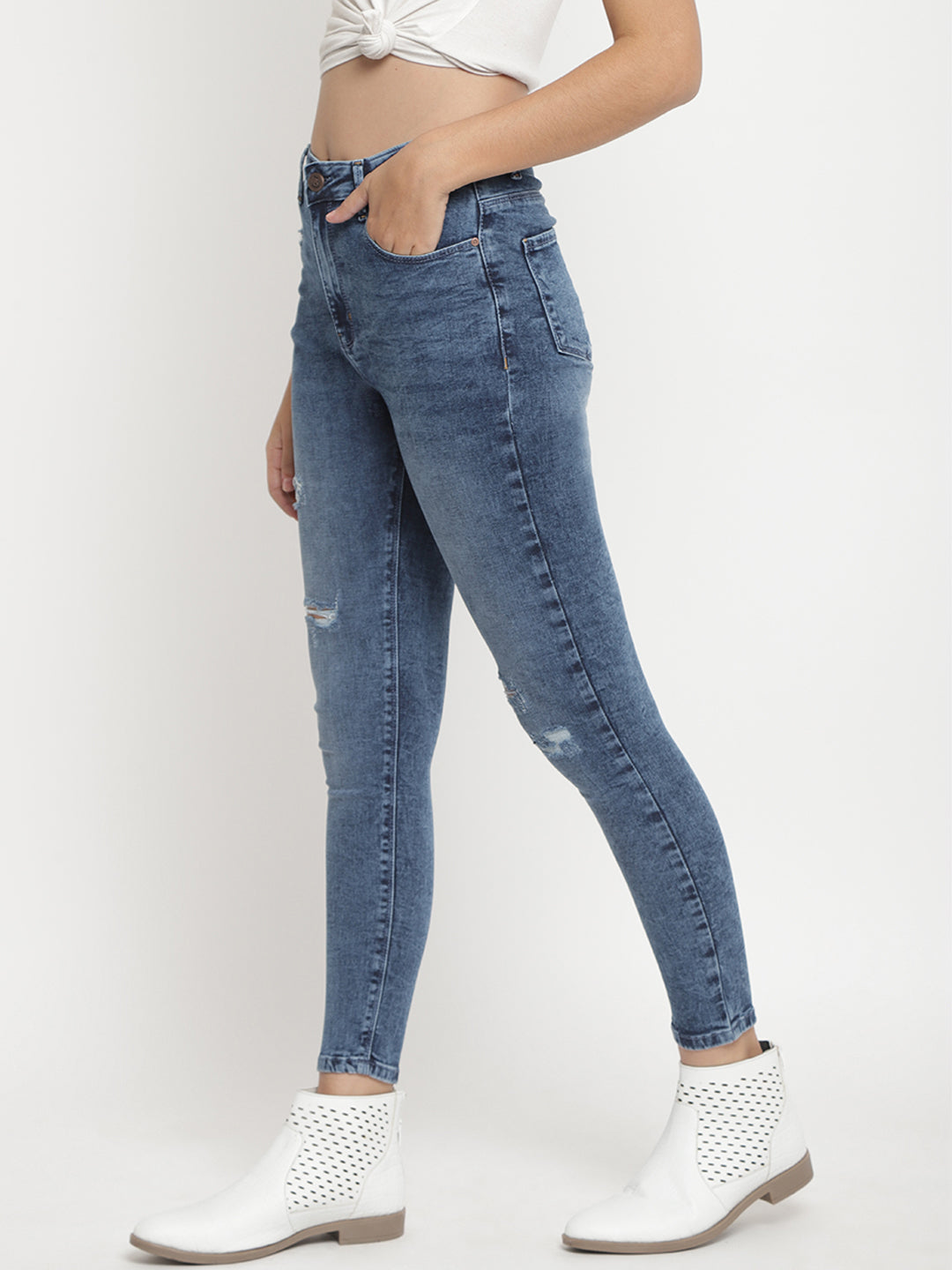 Women High Waist Mid Blue Distressed Super Skinny Denim Jeans