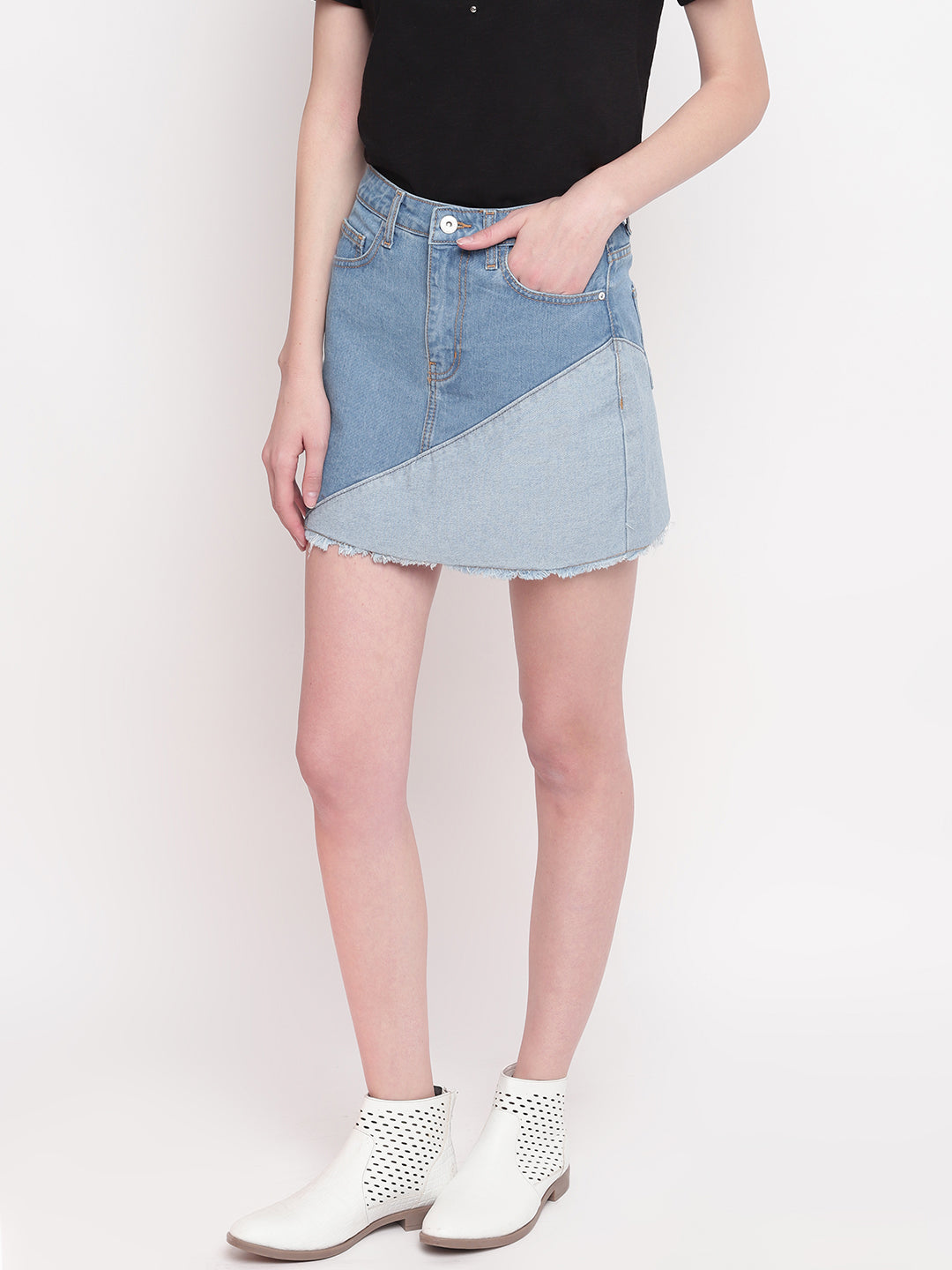 Women Mid Blue Asymmetrical Cut and Sew Skirt