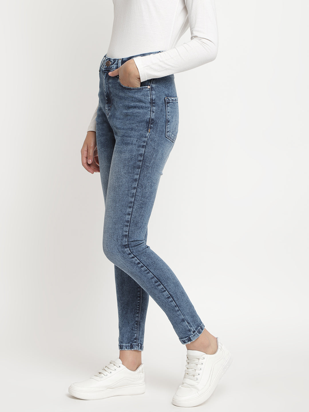 Women High Waist Mid Blue Smokey-Whisker Slim Fit Denim Jeans