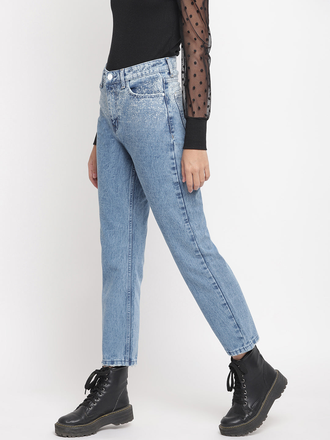 Women Light Blue Distressed Mom Fit Denim Jeans