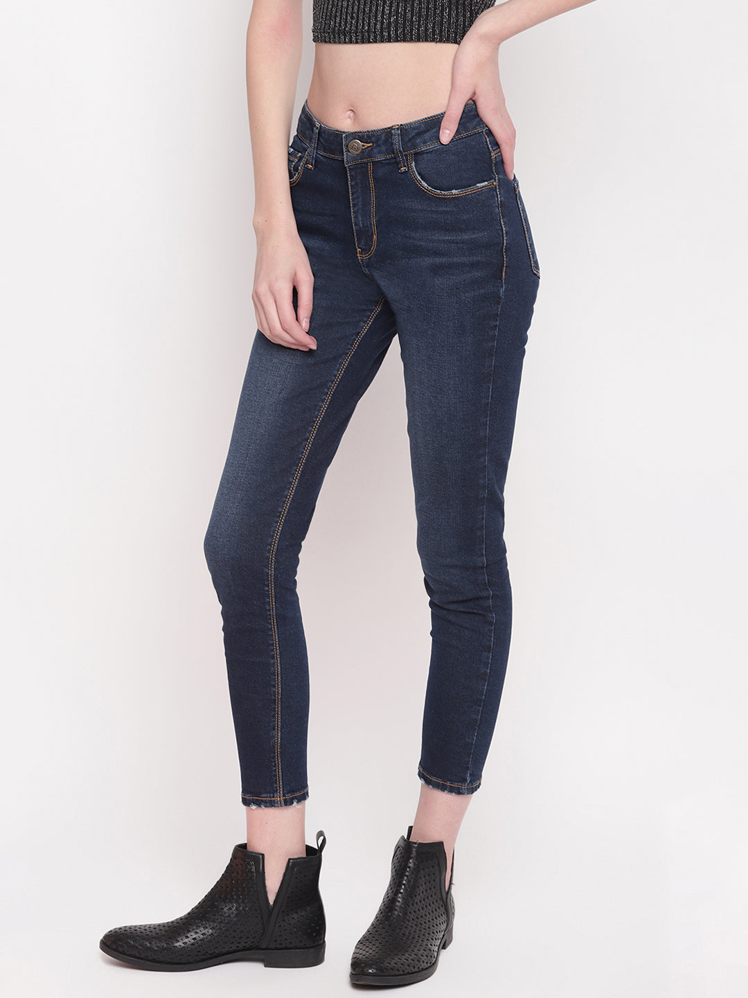 Women Dark Blue Mid Waist Slim Fit Denim Jeans