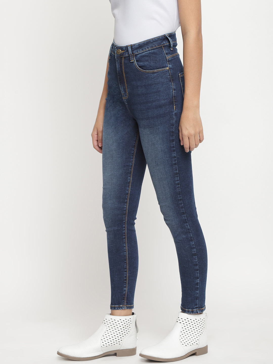 Women Super High Waist Dark Blue Whisker/Pp Spray Super Skinny Denim Jeans