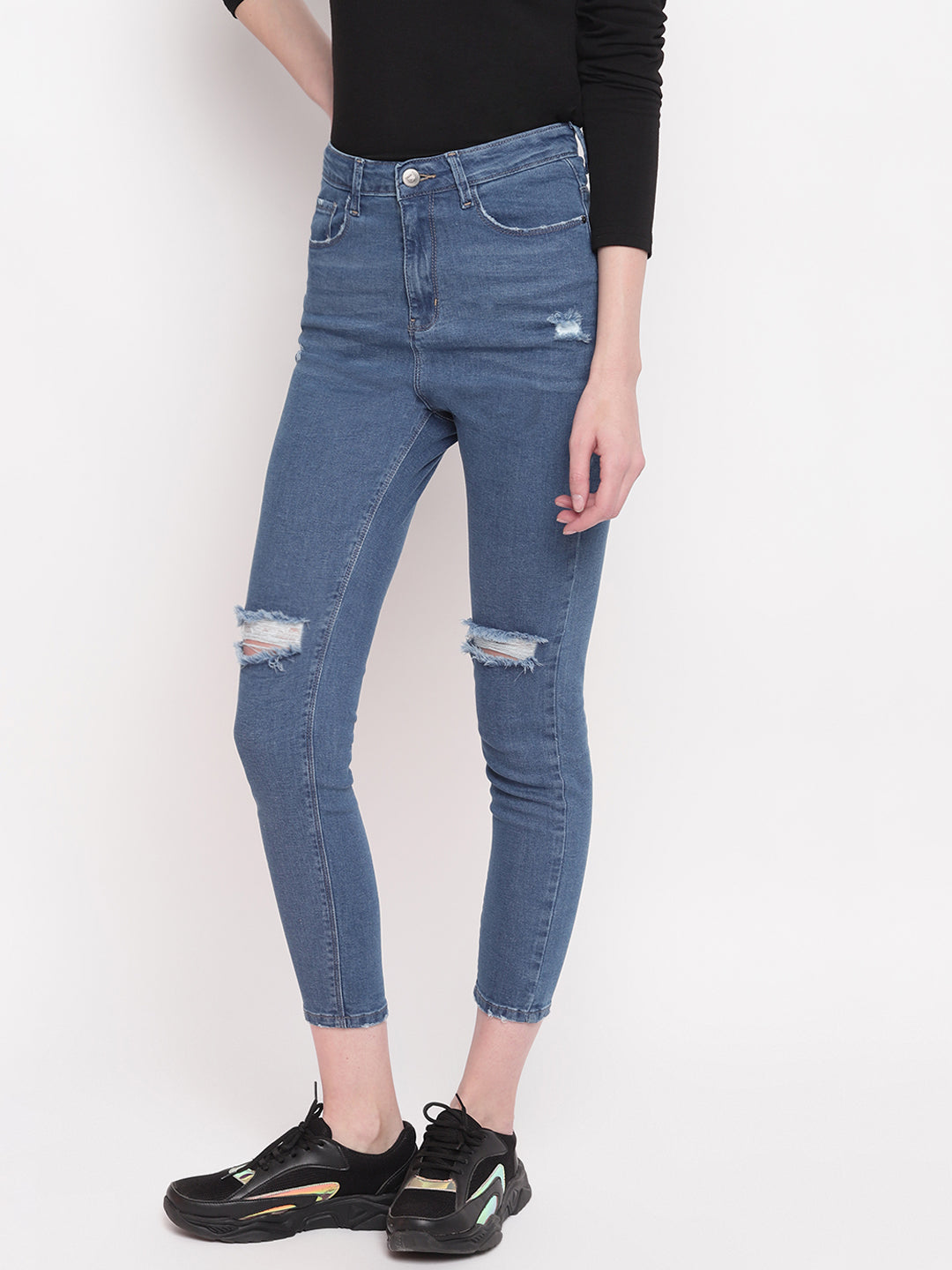 Women Mid Blue Distressed Super High Waist Skinny Denim Jeans