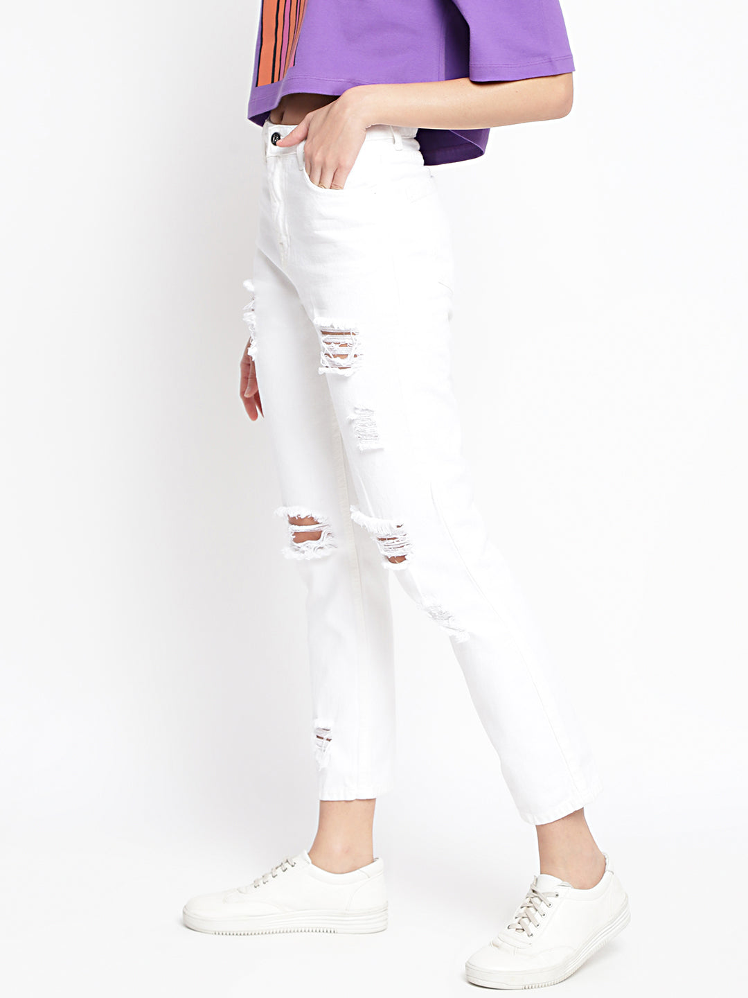 Women White Distressed Mom Fit Denim Jeans