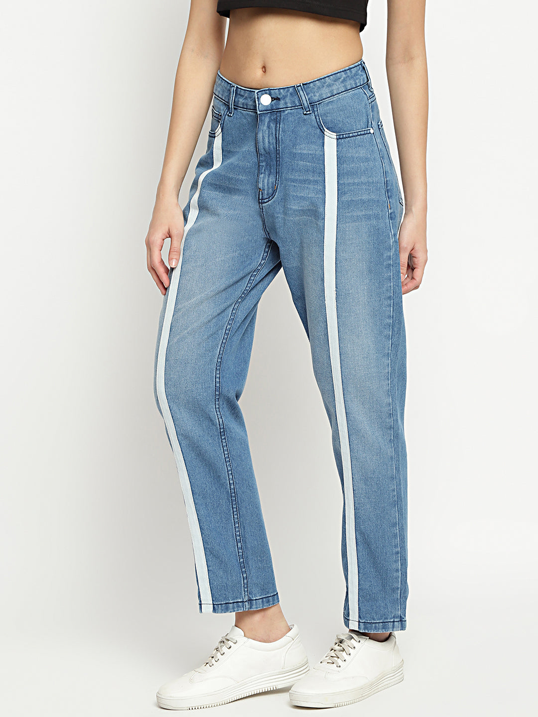Women High Waist Tape Detail Mid Blue Mom Fit Denim Jeans