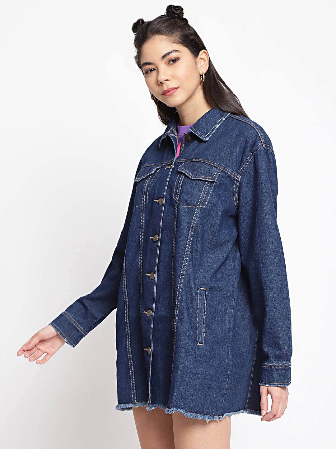 Women Dark Blue Long Denim Jacket With Frey Hem