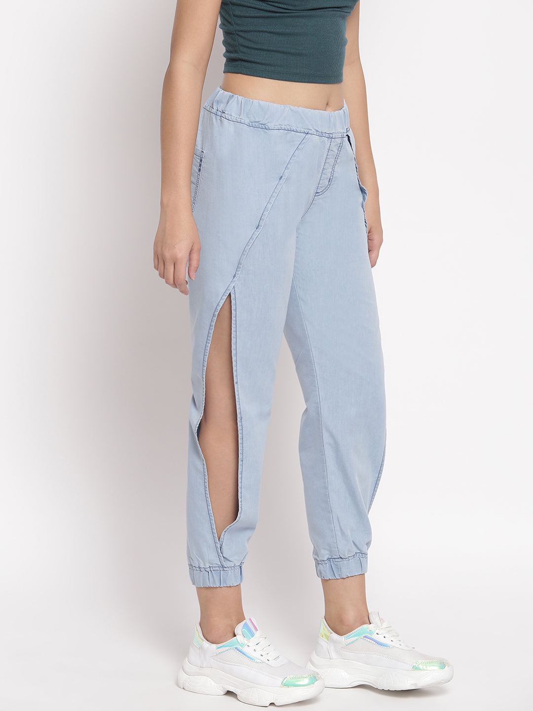 Blue Side Slit Denim Joggers