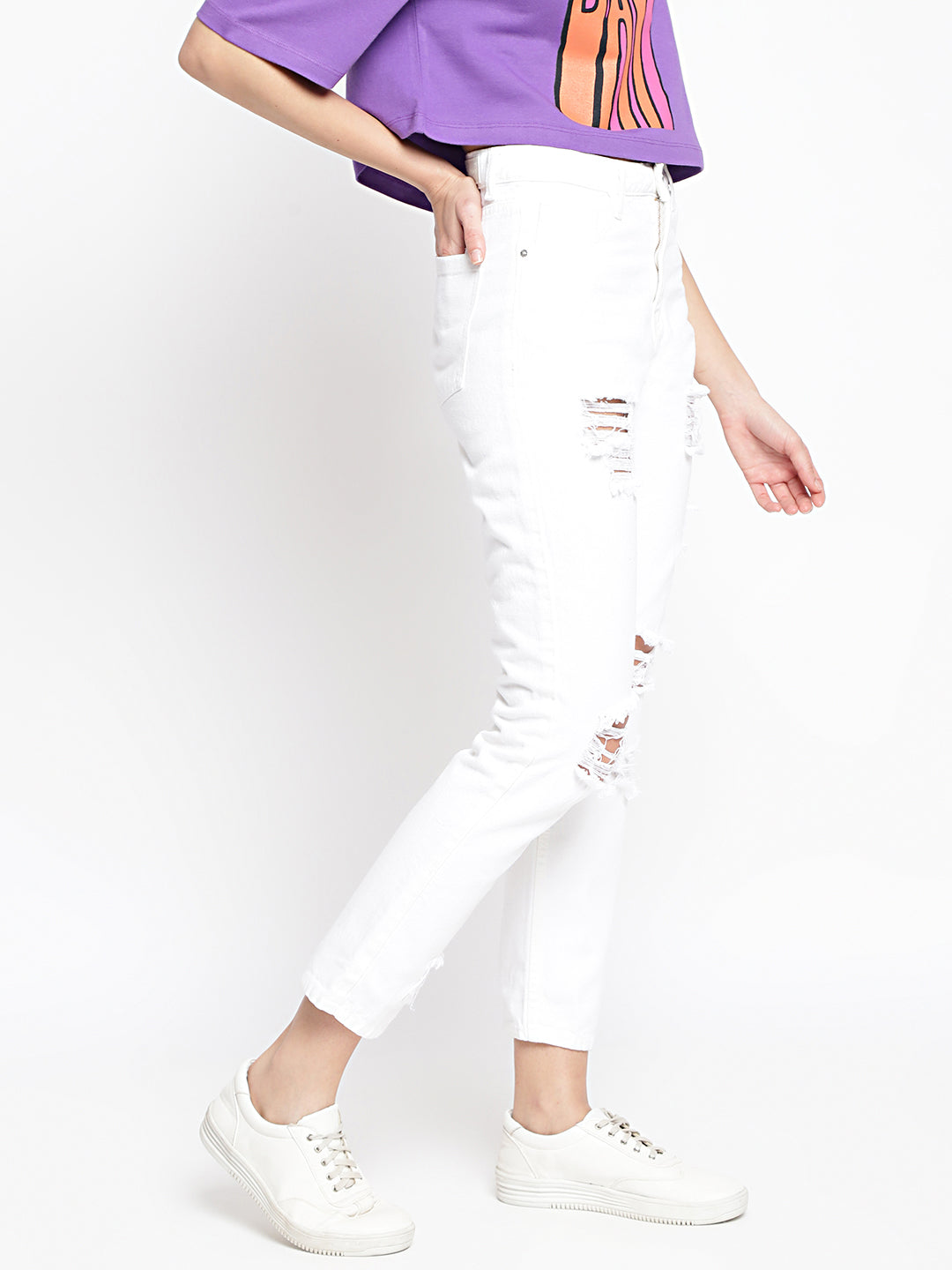 Women White Distressed Mom Fit Denim Jeans