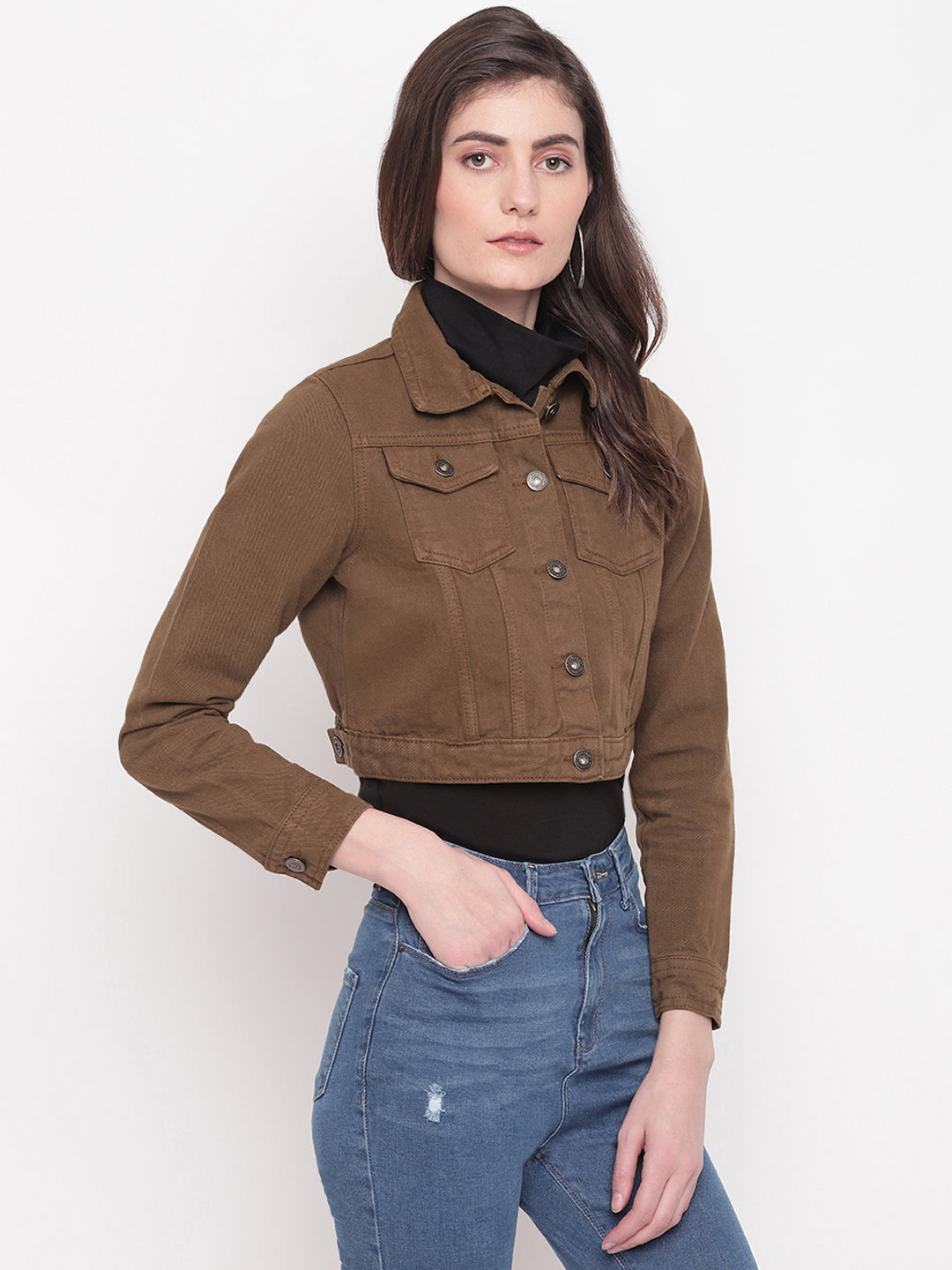 Women Olive Cropped Denim Jacket