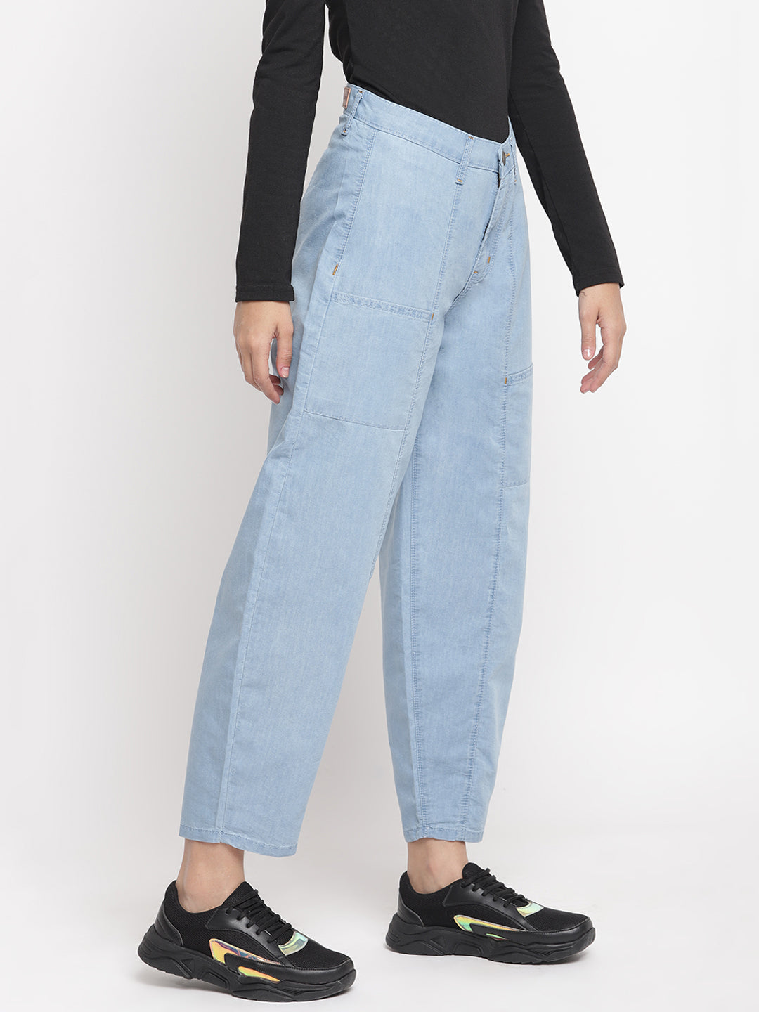 Women Light Blue Asymmetrical Slouchy Fit Front Pockets Denim Jeans