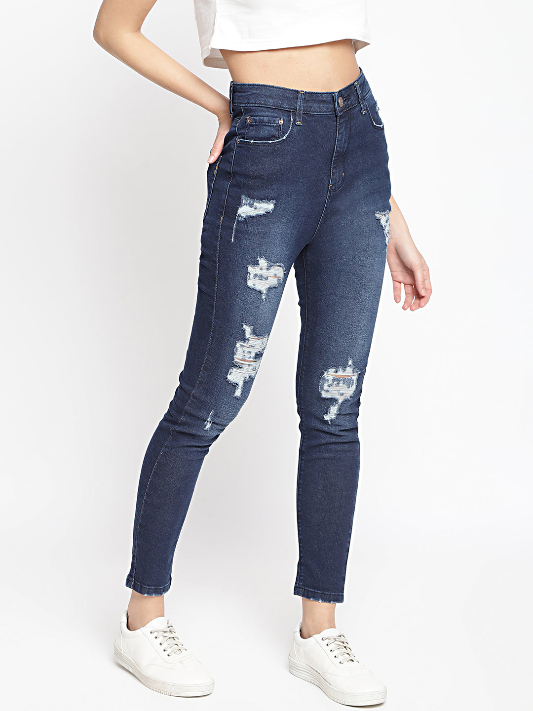 Women High Waist Dark Blue Distressed Slim Fit Denim Jeans