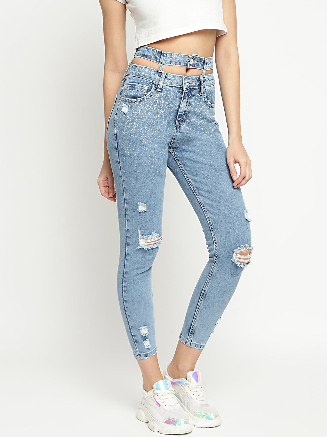 Women Mid Waist Light Blue Belt Detailed Slim Fit Denim Jeans