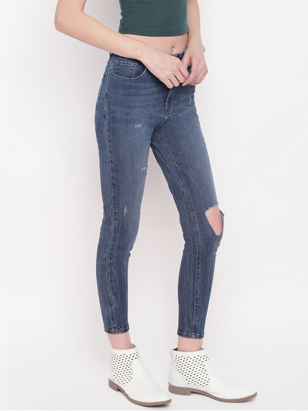 Women Mid Blue Whisker High waist Skinny Jeans