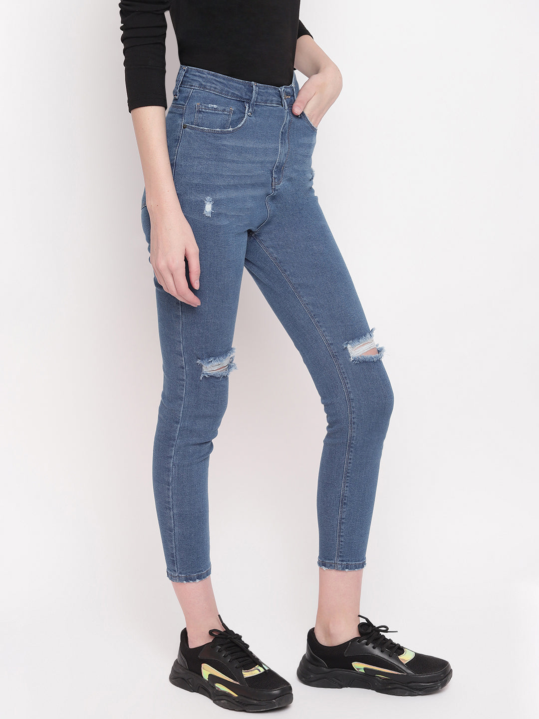 Women Mid Blue Distressed Super High Waist Skinny Denim Jeans