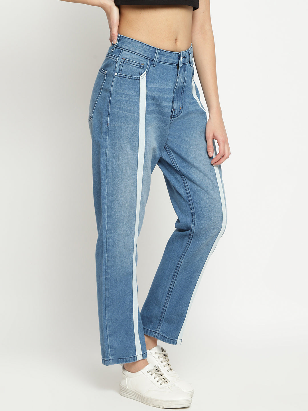 Women High Waist Tape Detail Mid Blue Mom Fit Denim Jeans