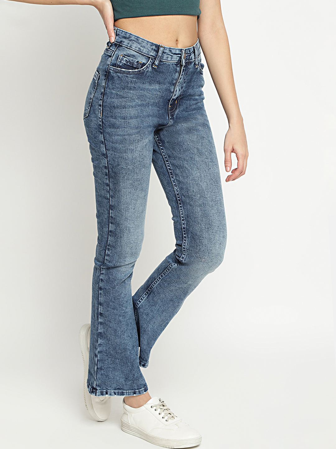 Women High Waist Mid Blue Boot-Cut Fit Denim Jeans