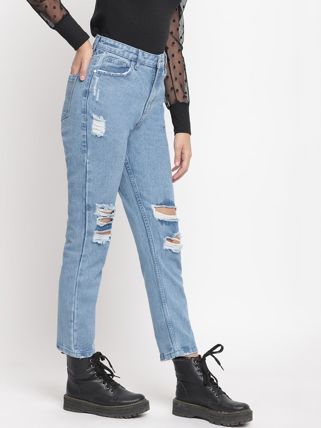 Women Mid Blue Distressed Boyfriend Fit Denim Jeans