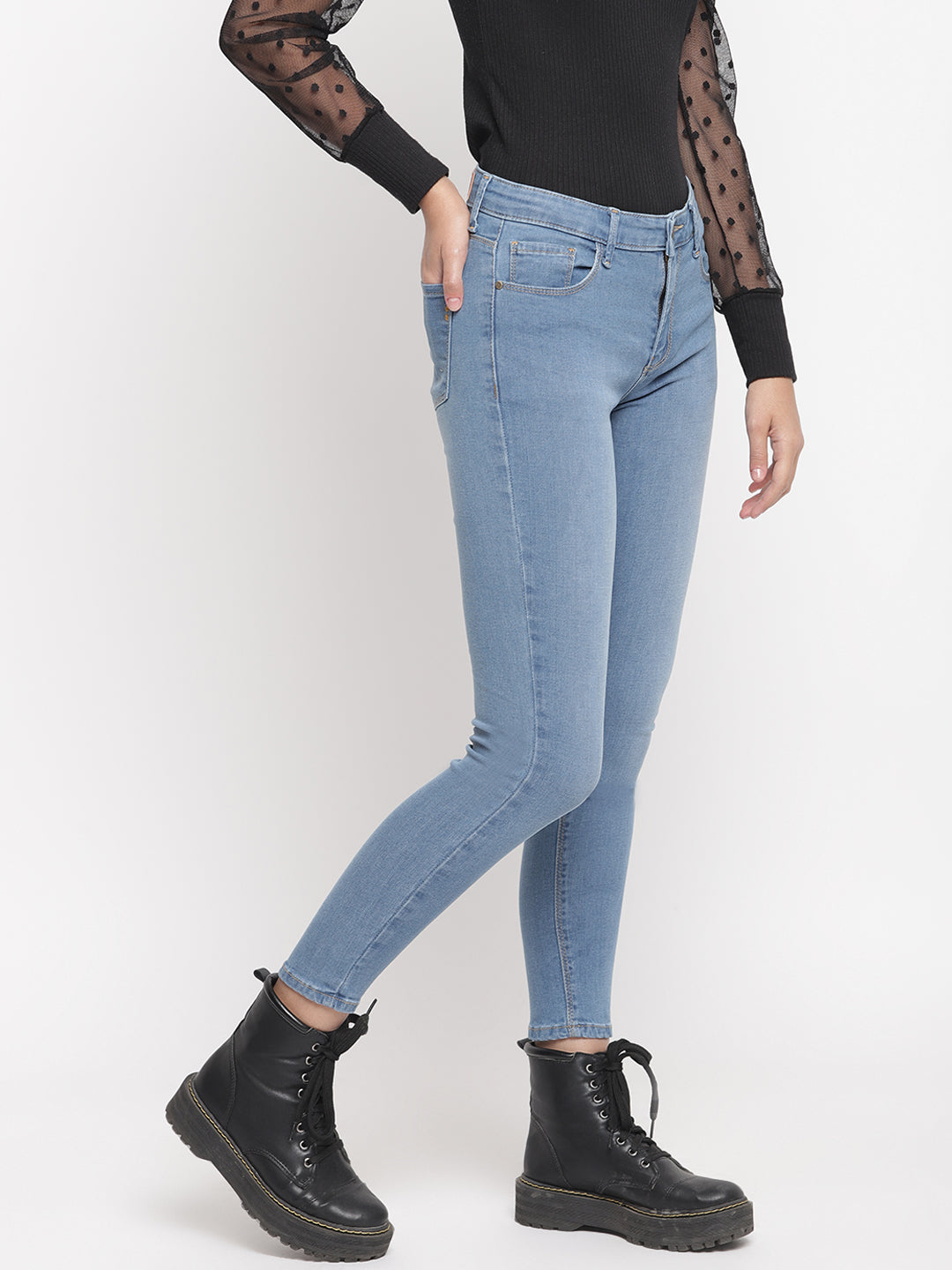 Women Mid Waist Light Blue Super Skinny Jeans